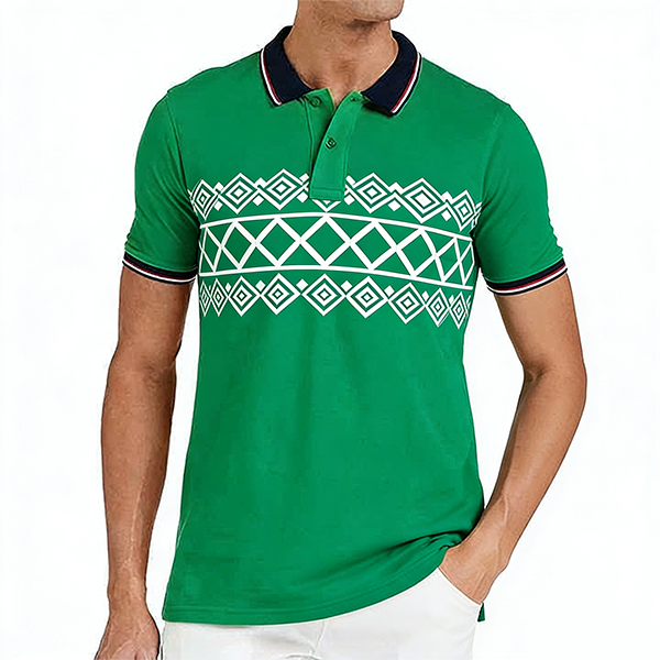 Green & White Geometric Pattern Polo Shirt