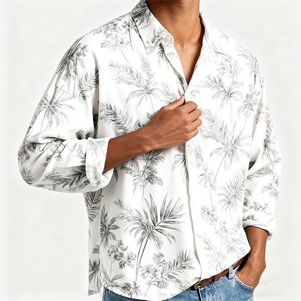 White Palm Leaf Print Oversized Shirt