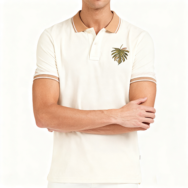Cream Polo Shirt with Tan Collar & Palm Leaf Embroidery