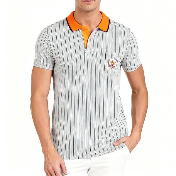 Gray Striped Polo Shirt with Orange Collar & Pocket Emblem